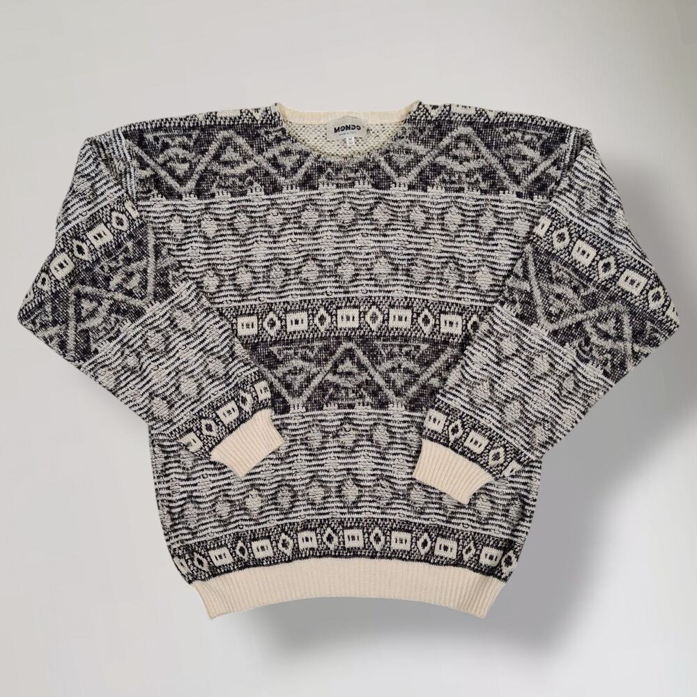 Vintage Mondo Italy Sweater M 50 Black Cream Geometric Knit Pullover Cotton